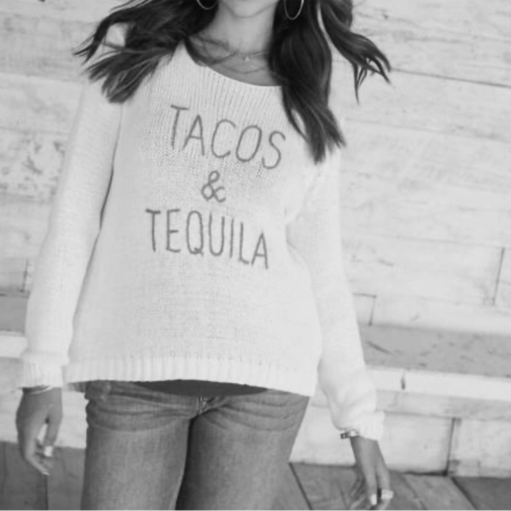 WOODEN SHIPS Tacos & Tequila Crewneck Sweater White/Black Size S/M